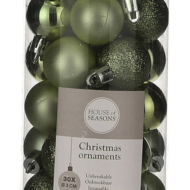 30x Kleine kunststof kerstballen donkergroen 3 cm - Kerstbal