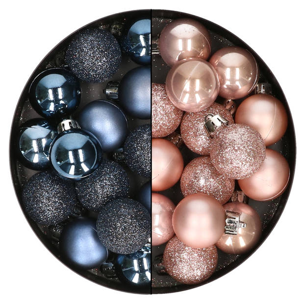 28x stuks kleine kunststof kerstballen nachtblauw en zacht roze 3 cm - Kerstbal