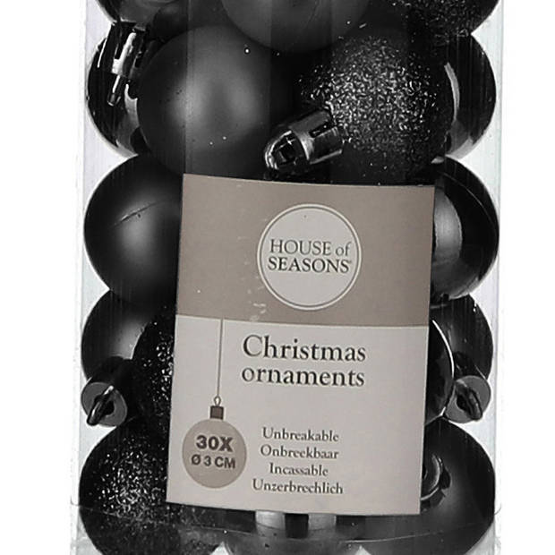 30x Kleine kunststof kerstballen zwart 3 cm - Kerstbal