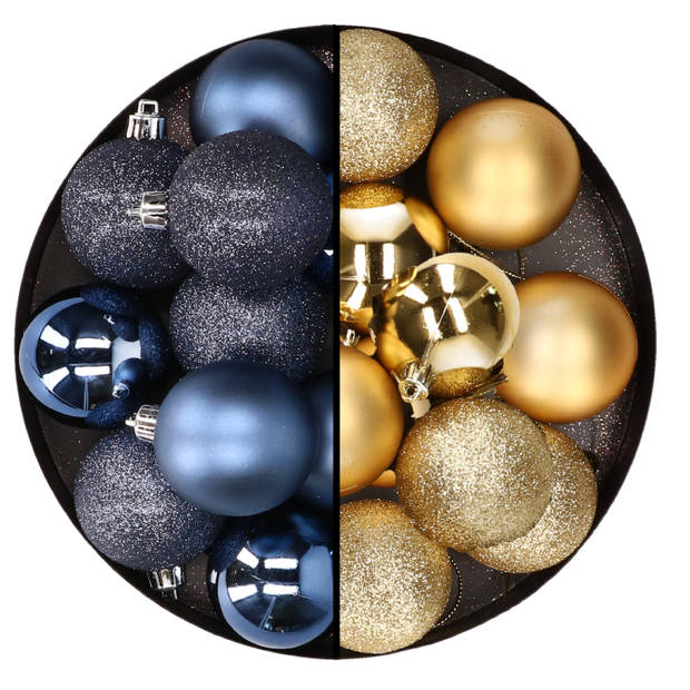 24x stuks kunststof kerstballen mix van donkerblauw en goud 6 cm - Kerstbal