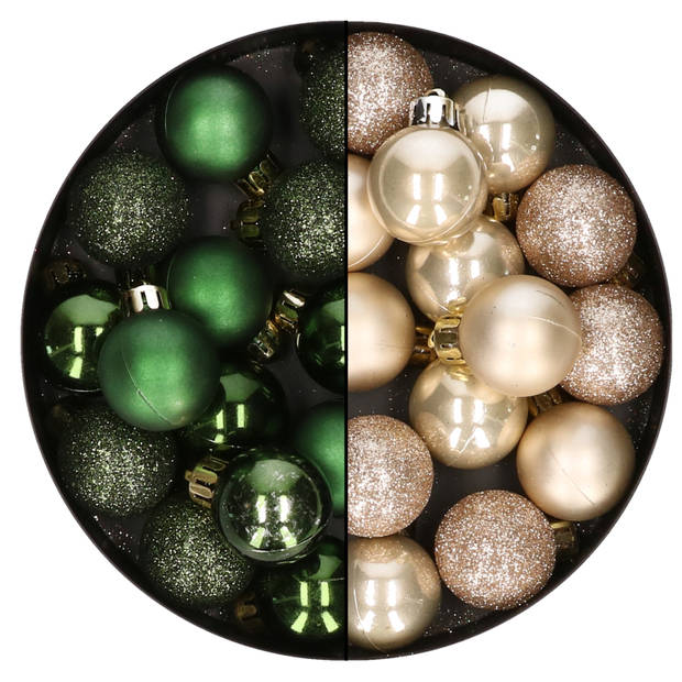 28x stuks kleine kunststof kerstballen donkergroen en champagne 3 cm - Kerstbal