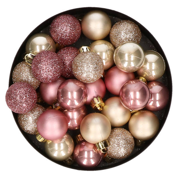 28x stuks kunststof kerstballen parel/champagne en oudroze mix 3 cm - Kerstbal