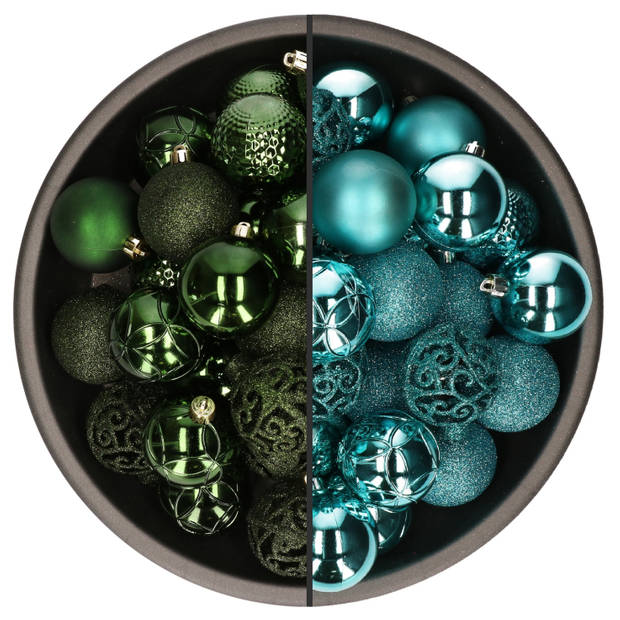 74x stuks kunststof kerstballen mix van turquoise blauw en donkergroen 6 cm - Kerstbal