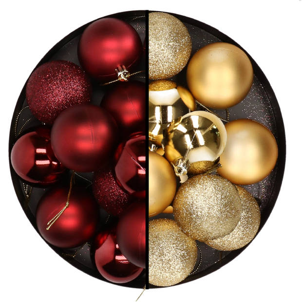 24x stuks kunststof kerstballen mix van donkerrood en goud 6 cm - Kerstbal