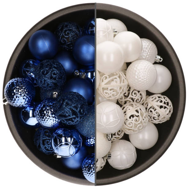 74x stuks kunststof kerstballen mix van wit en kobalt blauw 6 cm - Kerstbal