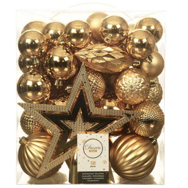 56x stuks kunststof kerstballen en ornamenten met ster piek goud - Kerstbal
