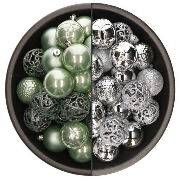 74x stuks kunststof kerstballen mix van zilver en mintgroen 6 cm - Kerstbal