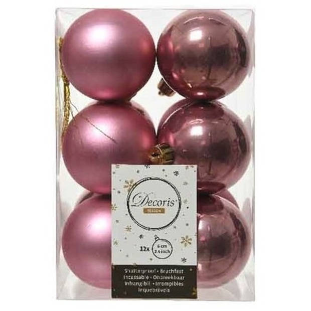 Kerstversiering kunststof kerstballen mix oud roze/ donkergroen 4 en 6 cm pakket van 80x stuks - Kerstbal