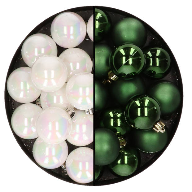 32x stuks kunststof kerstballen mix van parelmoer wit en donkergroen 4 cm - Kerstbal