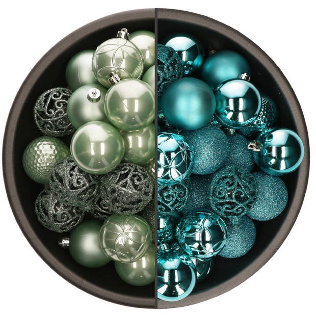 74x stuks kunststof kerstballen mix van mintgroen en turquoise blauw 6 cm - Kerstbal