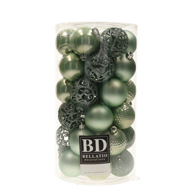 74x stuks kunststof kerstballen mix van salie groen en mintgroen 6 cm - Kerstbal