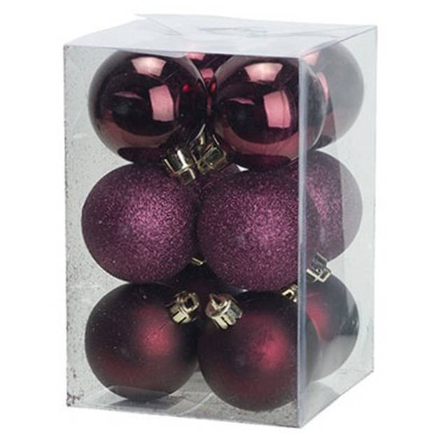 24x stuks kunststof kerstballen mix van aubergine en zilver 6 cm - Kerstbal