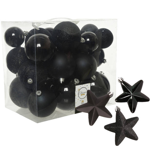 Pakket 32x stuks kunststof kerstballen en sterren ornamenten zwart - Kerstbal