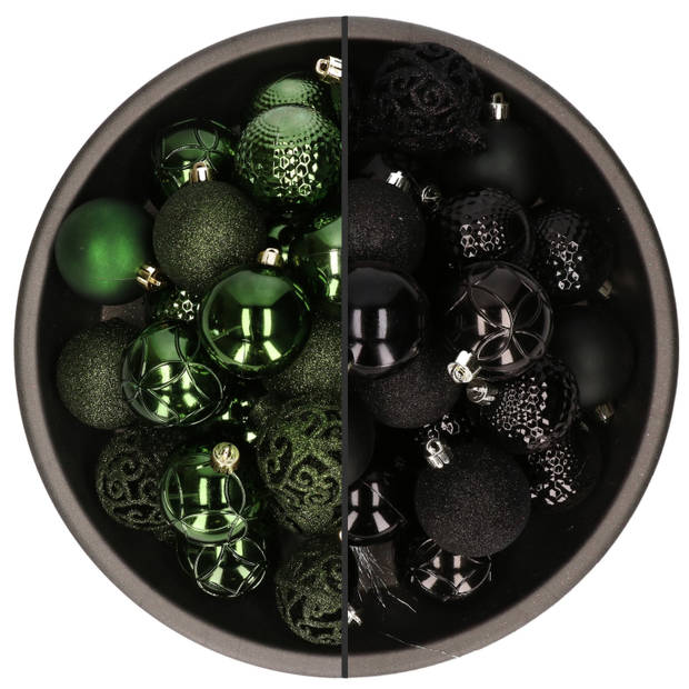 74x stuks kunststof kerstballen mix van zwart en donkergroen 6 cm - Kerstbal