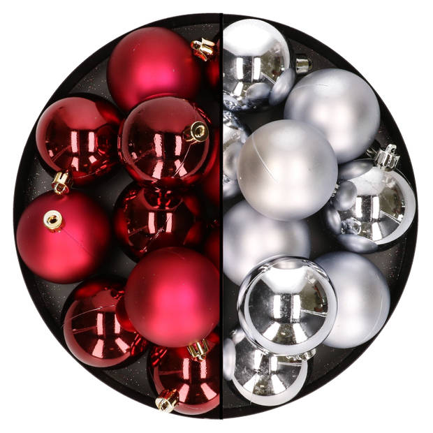 24x stuks kunststof kerstballen mix van donkerrood en zilver 6 cm - Kerstbal