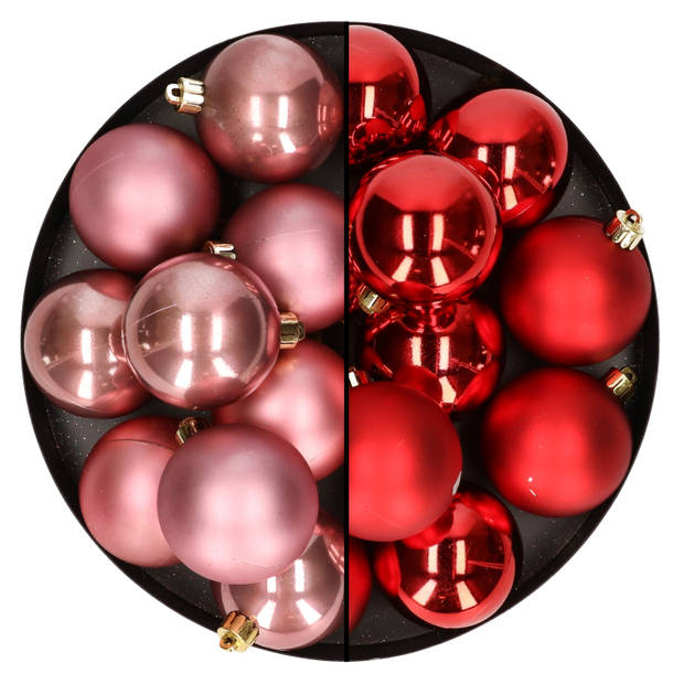 24x stuks kunststof kerstballen mix van rood en oudroze 6 cm - Kerstbal