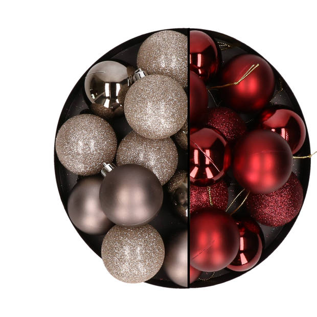 24x stuks kunststof kerstballen mix van champagne en donkerrood 6 cm - Kerstbal