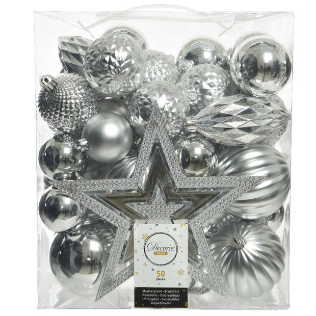 56x stuks kunststof kerstballen en ornamenten met ster piek zilver - Kerstbal