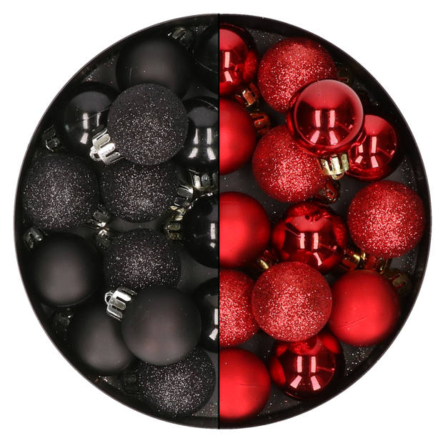 28x stuks kleine kunststof kerstballen zwart en rood 3 cm - Kerstbal