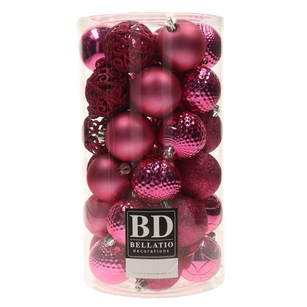 74x stuks kunststof kerstballen mix van champagne en fuchsia roze 6 cm - Kerstbal