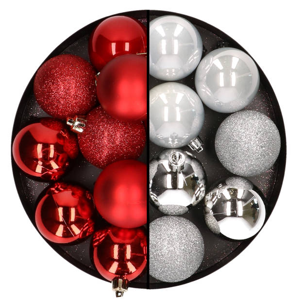 24x stuks kunststof kerstballen mix van rood en zilver 6 cm - Kerstbal