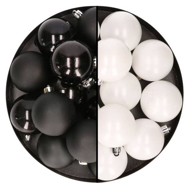 24x stuks kunststof kerstballen mix van wit en zwart 6 cm - Kerstbal