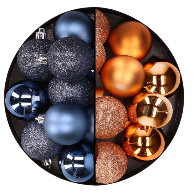 24x stuks kunststof kerstballen mix van donkerblauw en koper 6 cm - Kerstbal