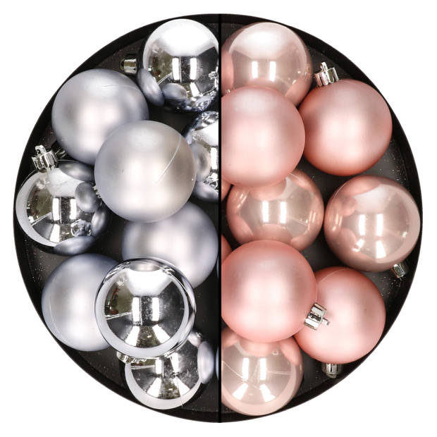 24x stuks kunststof kerstballen mix van zilver en lichtroze 6 cm - Kerstbal