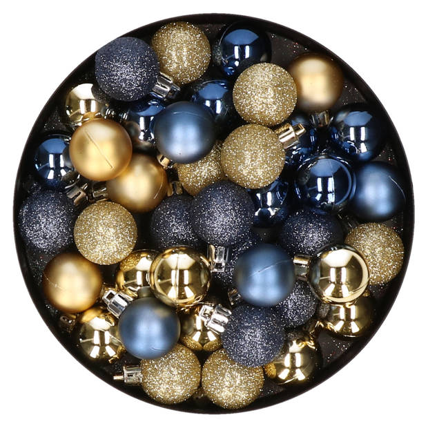 Kleine kerstballen - 40x st - donkerblauw/goud - D3 cm - kunststof - Kerstbal