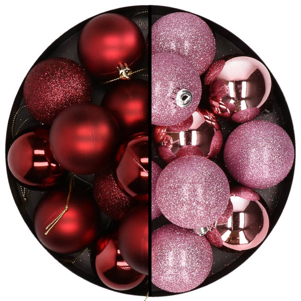 24x stuks kunststof kerstballen mix van donkerrood en roze 6 cm - Kerstbal