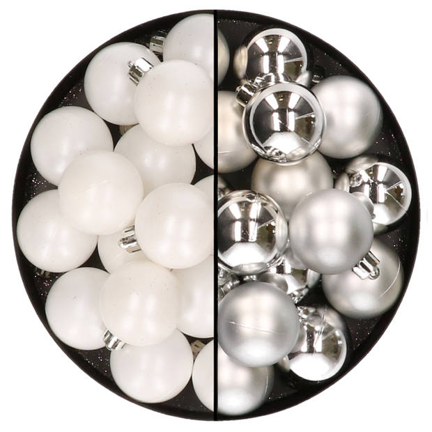 32x stuks kunststof kerstballen mix van wit en zilver 4 cm - Kerstbal