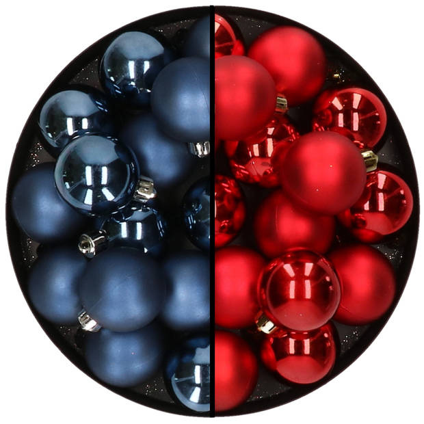 32x stuks kunststof kerstballen mix van donkerblauw en rood 4 cm - Kerstbal
