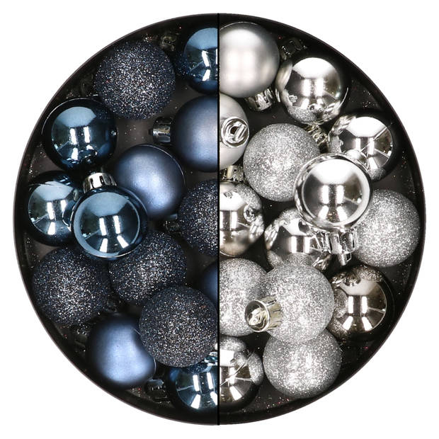 28x stuks kleine kunststof kerstballen nachtblauw en zilver 3 cm - Kerstbal