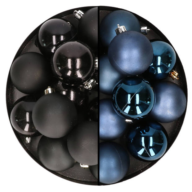 24x stuks kunststof kerstballen mix van zwart en donkerblauw 6 cm - Kerstbal