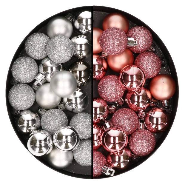 40x stuks kleine kunststof kerstballen roze en zilver 3 cm - Kerstbal