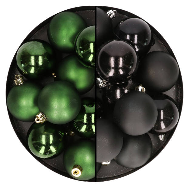 24x stuks kunststof kerstballen mix van donkergroen en zwart 6 cm - Kerstbal