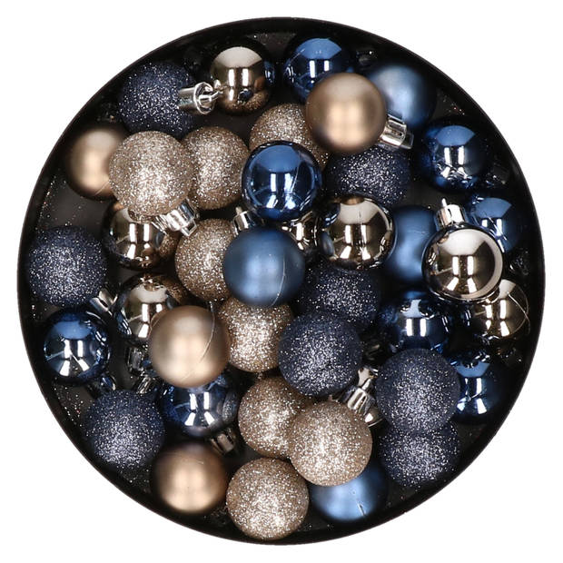 Kleine kerstballen - 40x st - donkerblauw/champagne - D3 cm - Kerstbal