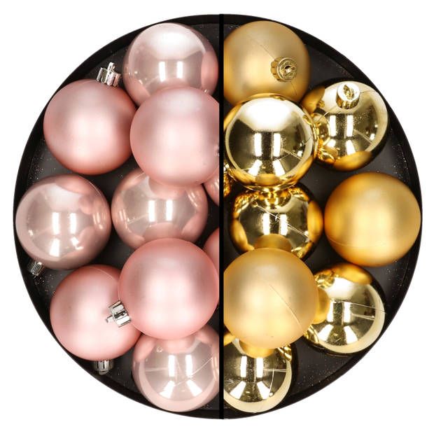 24x stuks kunststof kerstballen mix van lichtroze en goud 6 cm - Kerstbal