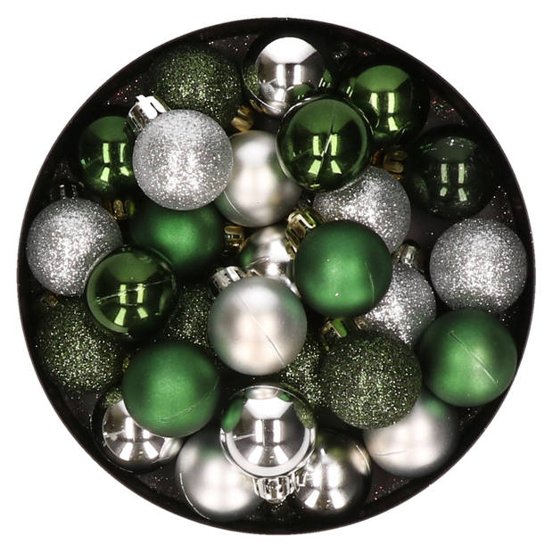 28x stuks kunststof kerstballen donkergroen en zilver mix 3 cm - Kerstbal