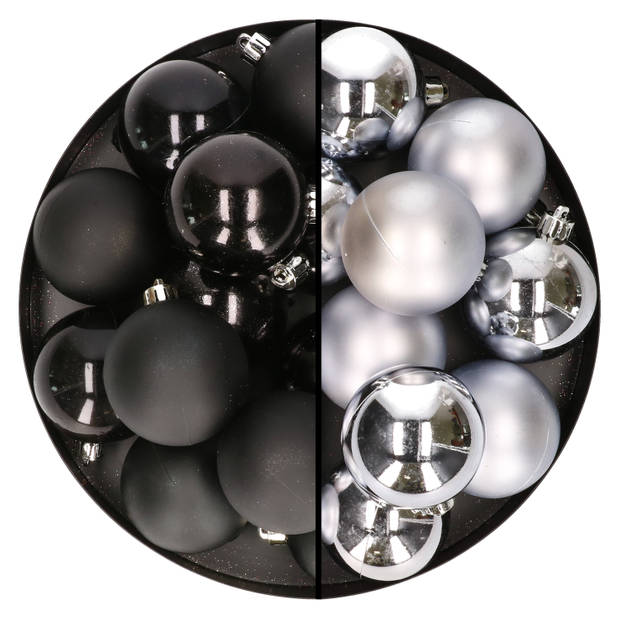 24x stuks kunststof kerstballen mix van zwart en zilver 6 cm - Kerstbal