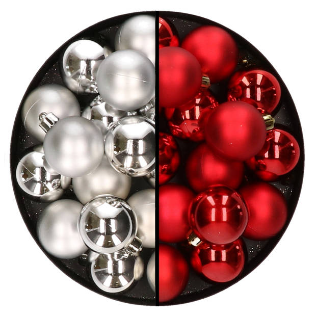 32x stuks kunststof kerstballen mix van zilver en rood 4 cm - Kerstbal