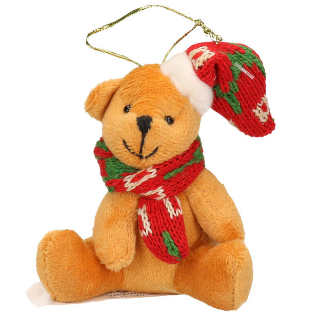 2x Kersthangers knuffelbeertjes beige en bruin met gekleurde sjaal en muts 7 cm - Kersthangers