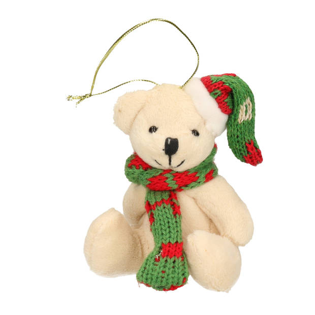 3x Kersthangers knuffelbeertjes wit en beige en bruin met gekleurde sjaal en muts 7 cm - Kersthangers