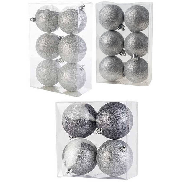 Kerstversiering set glitter kerstballen zilver 6 - 8 -10 cm - pakket van 50x stuks - Kerstbal