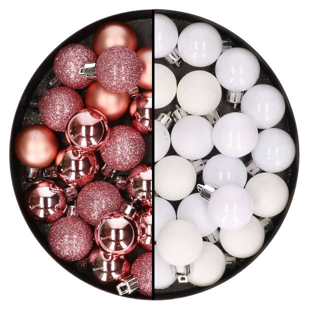 40x stuks kleine kunststof kerstballen wit en roze 3 cm - Kerstbal