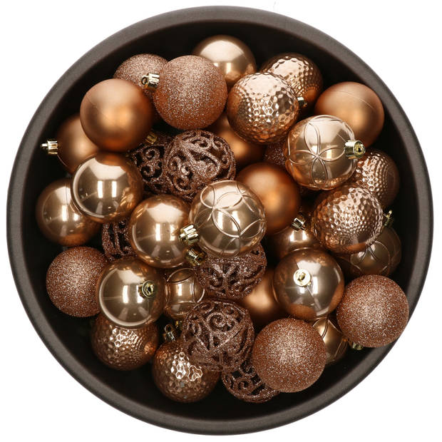 74x stuks kunststof kerstballen mix van fuchsia roze en camel bruin 6 cm - Kerstbal