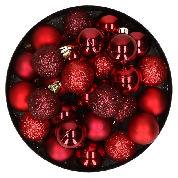 28x stuks kunststof kerstballen rood en donkerrood mix 3 cm - Kerstbal