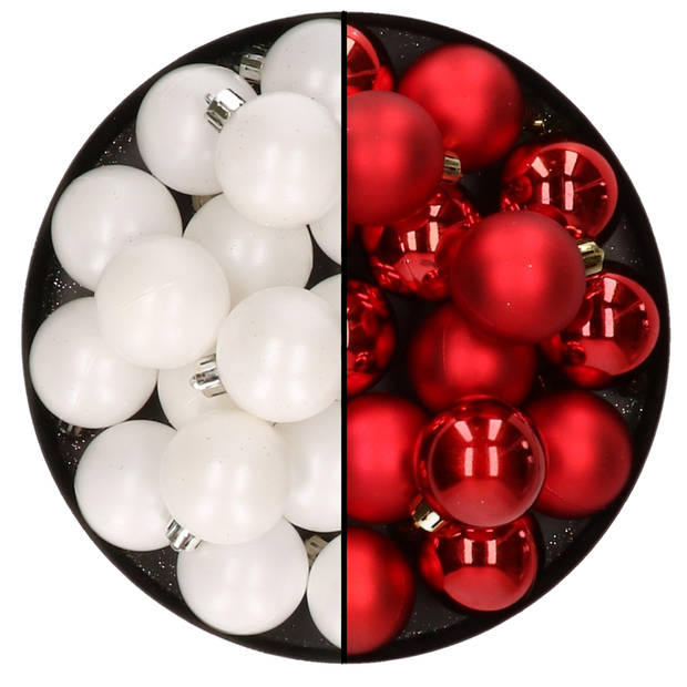 32x stuks kunststof kerstballen mix van wit en rood 4 cm - Kerstbal