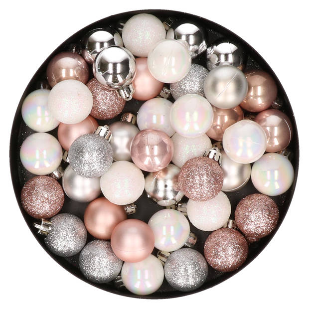 42x stuks kunststof kerstballen lichtroze, parelmoer wit en zilver mix 3 cm - Kerstbal
