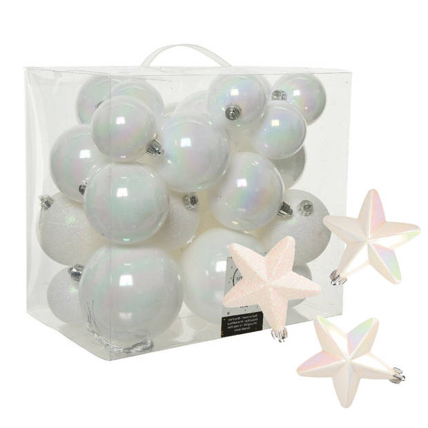 Pakket 32x stuks kunststof kerstballen en sterren ornamenten wit parelmoer - Kerstbal